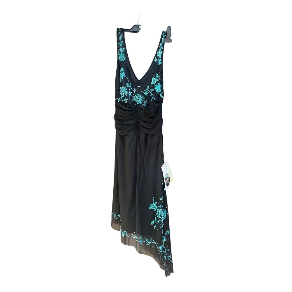 NWT Flori Design Lord & Taylor Beaded Asymmetrical Mesh Dress Black Teal XS